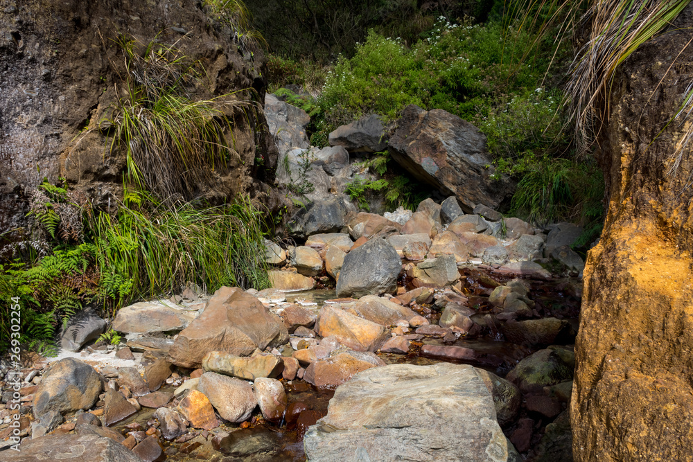 Rocky stream with clear water on a mountain. Beautiful landscape of mount Papandayan. Papandayan Mountain is one of the favorite place to hike on Garut. Rocky stream with clear water on a mountain. Beautiful landscape of mount Papandayan. Papandayan Mountain is one of the favorite place to hike on Garut.