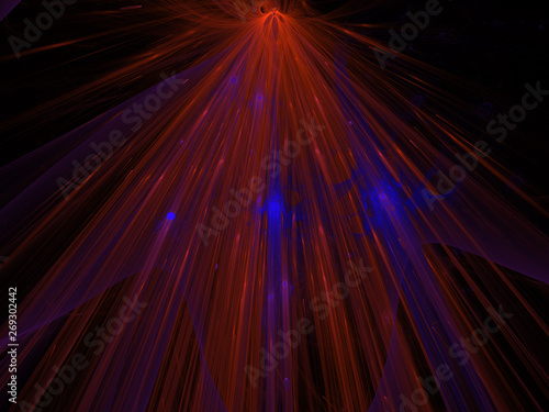 Abstract Illustration - beams of glowing light, red lasers, energy, explosion of light, particles, quantum universe, teleportation. Space Time Explosion, Burst of Light, Speed of Light Concept