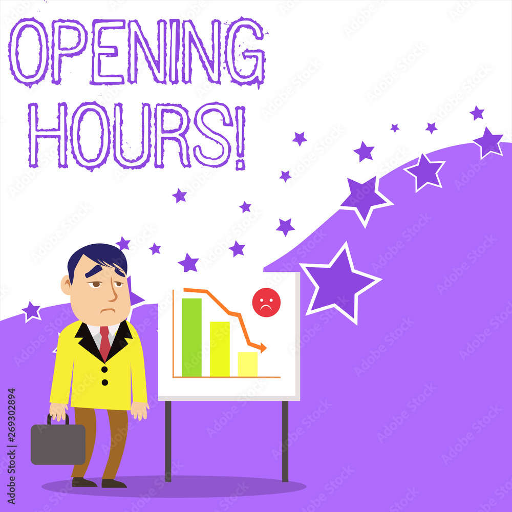 Text sign showing Opening Hours. Business photo showcasing the time during which a business is open for customers Businessman Clerk with Brief Case Standing Whiteboard Declining Bar Chart Text sign showing Opening Hours. Business photo showcasing the time during which a business is open for customers Businessman Clerk with Brief Case Standing Whiteboard Declining Bar Chart