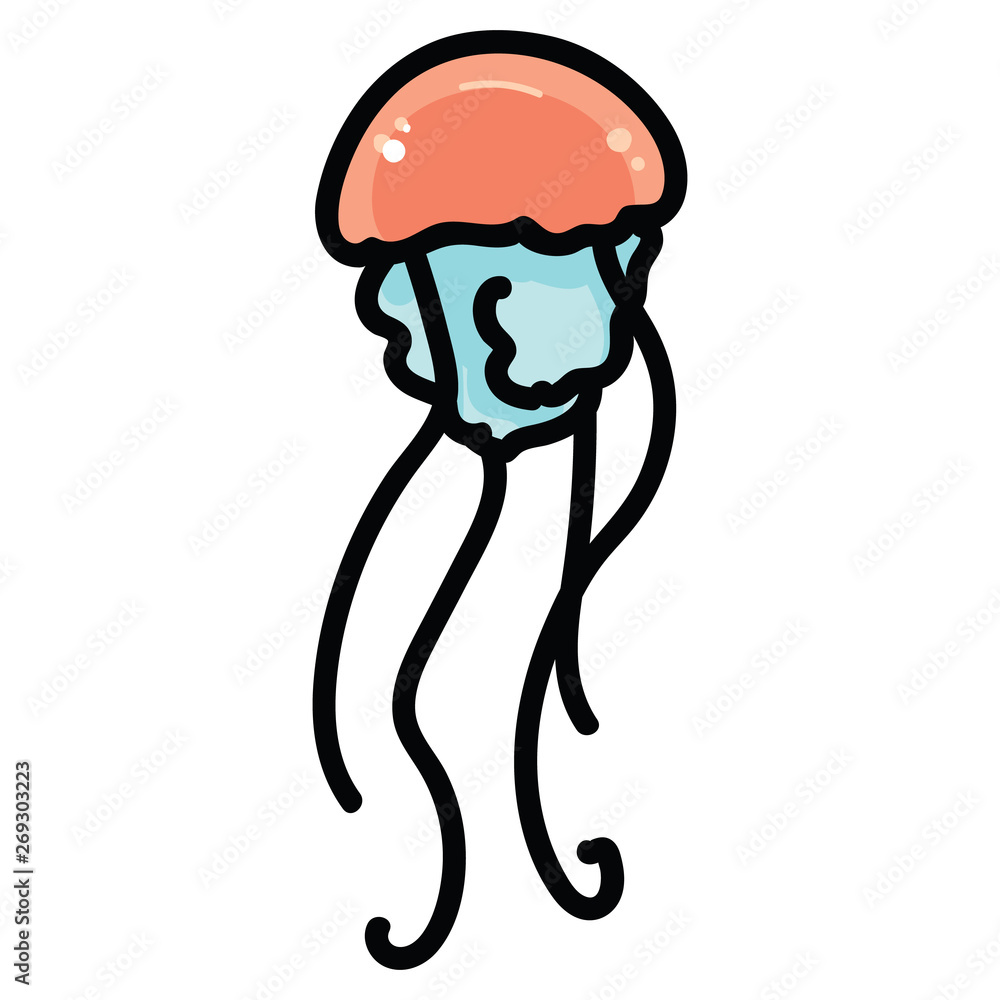 Cute orange jellyfish cartoon vector illustration motif set. Hand drawn