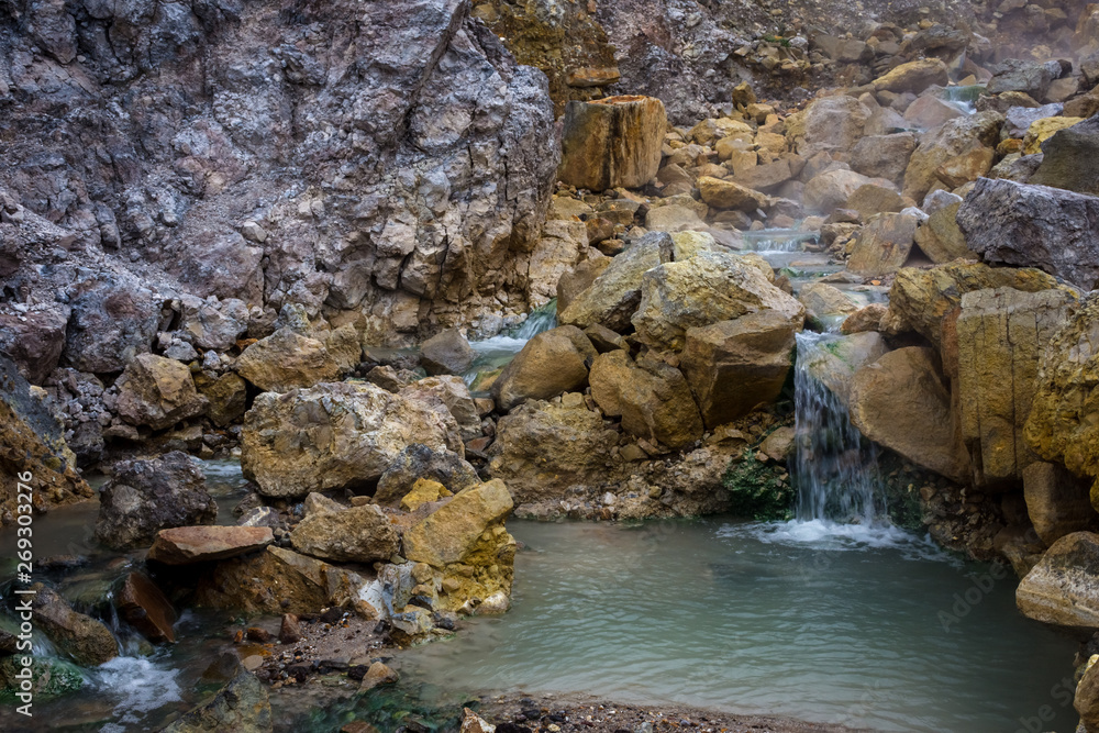 natural hot spring on a mountain. Beautiful landscape of mount Papandayan. Papandayan Mountain is one of the favorite place to hike on Garut.