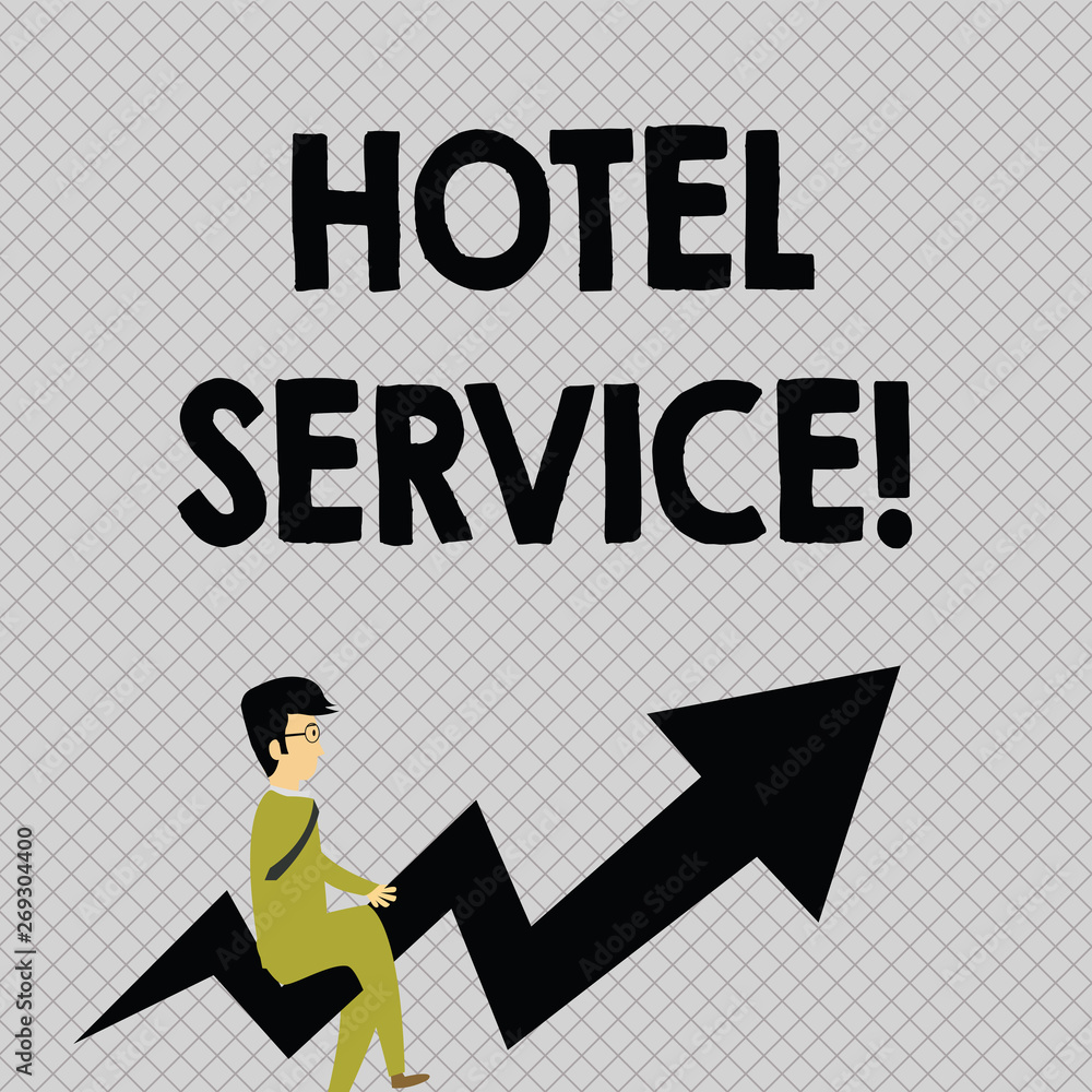 Conceptual hand writing showing Hotel Service. Concept meaning Providing guests warm accommodation and other services Businessman with Eyeglasses Riding Crooked Arrow Pointing Up Conceptual hand writing showing Hotel Service. Concept meaning Providing guests warm accommodation and other services Businessman with Eyeglasses Riding Crooked Arrow Pointing Up