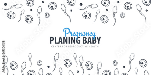 Pregnancy banner. In vitro fertilization. Artificial insemination. Hand draw sketch background with moving spermatozoons and female egg.