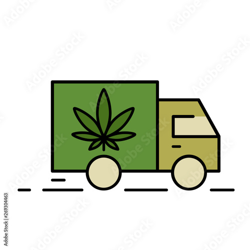 Delivery marijuana. Illustration of a delivery truck icon with a marijuana leaf. Drug consumption, marijuana use. Marijuana Legalization. Vector illustration on white background.