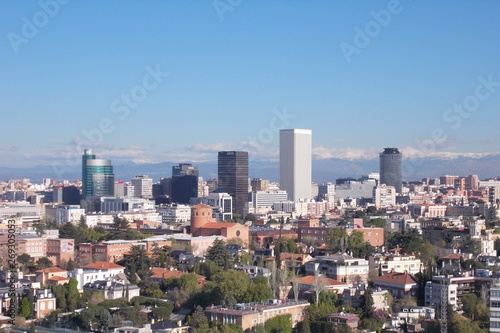 Madrid skyline with snowy mountains in the background