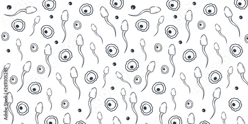 Medical and healthcare background with moving spermatozoons and female egg. Hand draw sketch background.