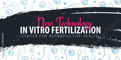 Pregnancy banner. In vitro fertilization. Artificial insemination. Hand draw sketch background with moving spermatozoons and female egg.