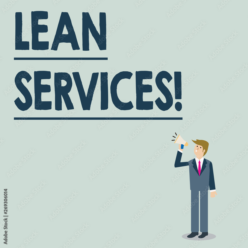 Conceptual hand writing showing Lean Services. Concept meaning application of the lean analysisufacturing concept to operations Businessman Looking Up, Holding and Talking on Megaphone Conceptual hand writing showing Lean Services. Concept meaning application of the lean analysisufacturing concept to operations Businessman Looking Up, Holding and Talking on Megaphone