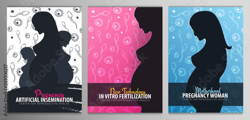 Set of Pregnancy banners. In vitro fertilization. Artificial insemination. Hand draw sketch background with moving spermatozoons and female egg.