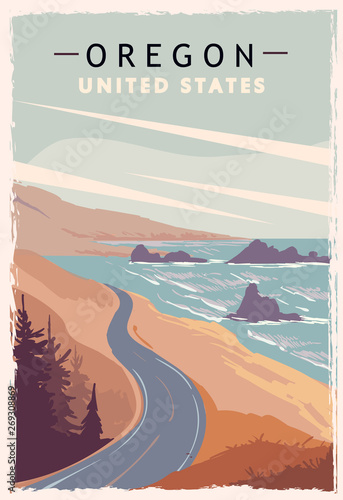 Oregon retro poster. USA Oregon travel illustration. photo