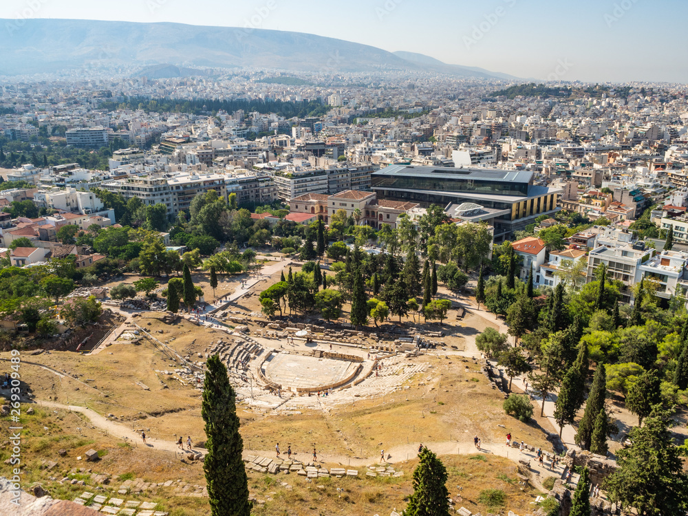 View of the Theater of Dionysus from the height of the Acropolis of Athens, Greece