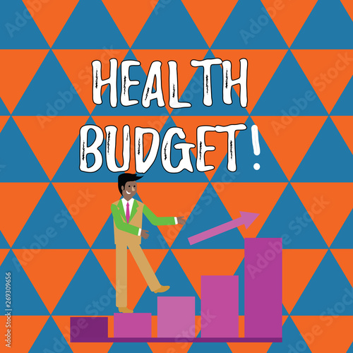 Handwriting text writing Health Budget. Conceptual photo amount of money to support your health and wellbeing needs Smiling Businessman Climbing Colorful Bar Chart Following an Arrow Going Up