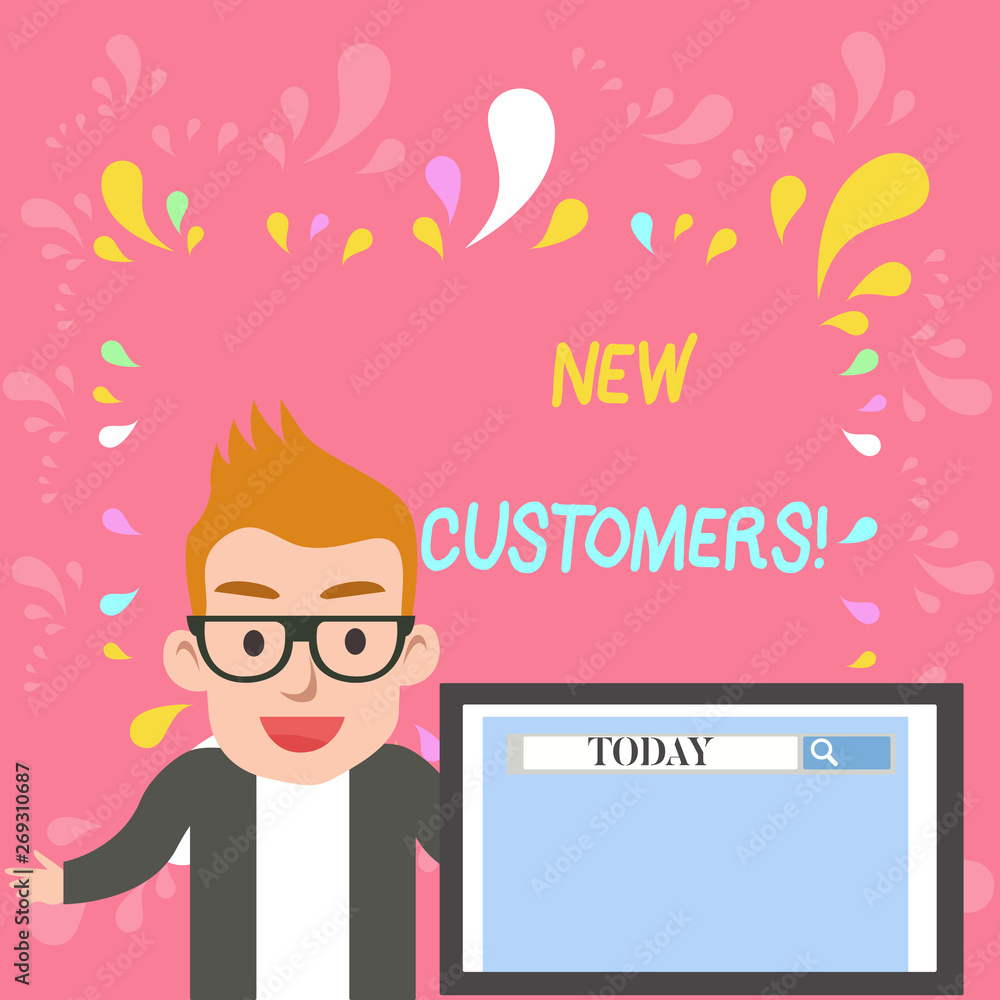 Word writing text New Customers. Business photo showcasing an entity that has not previously purchased one s is goods Male Speaker Monitor with Search Tool on Screen Presentation or Report Word writing text New Customers. Business photo showcasing an entity that has not previously purchased one s is goods Male Speaker Monitor with Search Tool on Screen Presentation or Report