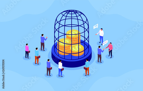 Businessman surrounded by a pile of gold coins trapped in a bird cage
