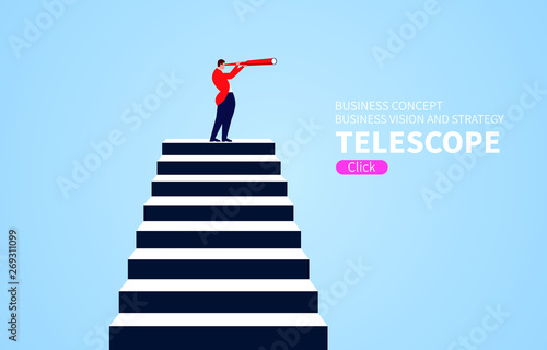 Business vision, businessman holding a telescope standing on the top of the stairs looking into the distance