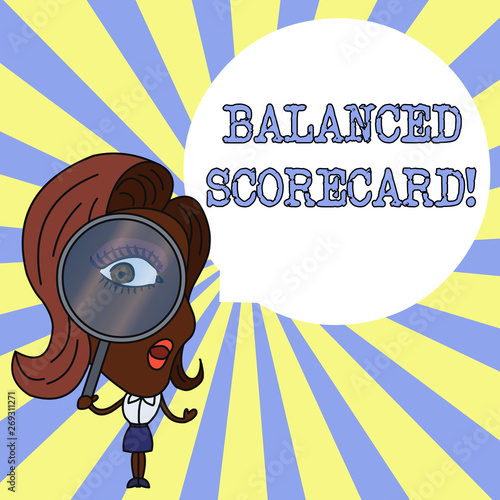 Conceptual hand writing showing Balanced Scorecard. Concept meaning a perforanalysisce metric used in strategic analysisagement Woman Looking Trough Magnifying Glass Big Eye Speech Bubble