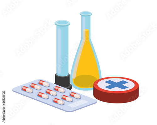 laboratory instruments with medicines in white background