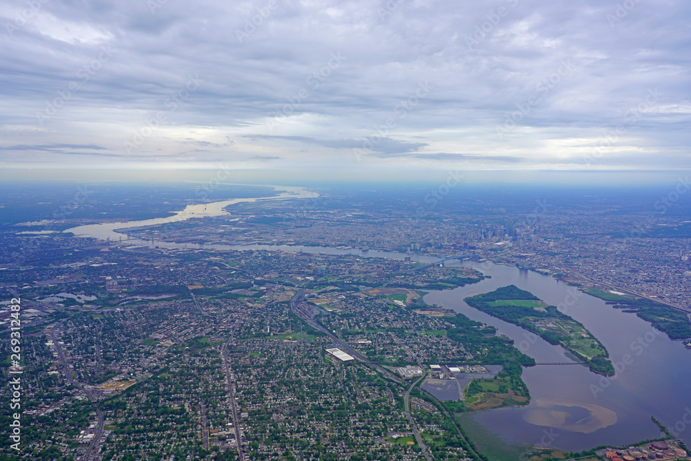 Aerial view of the skyline of the city of Philadelphia and the surrounding areas in Pennsylvania, United States