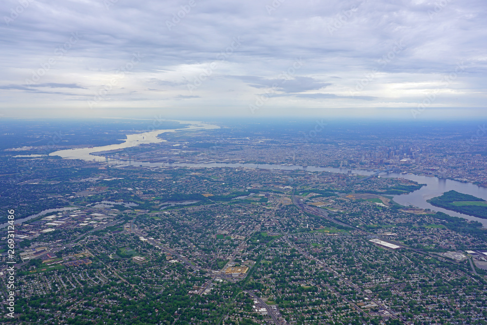 Aerial view of the skyline of the city of Philadelphia and the surrounding areas in Pennsylvania, United States