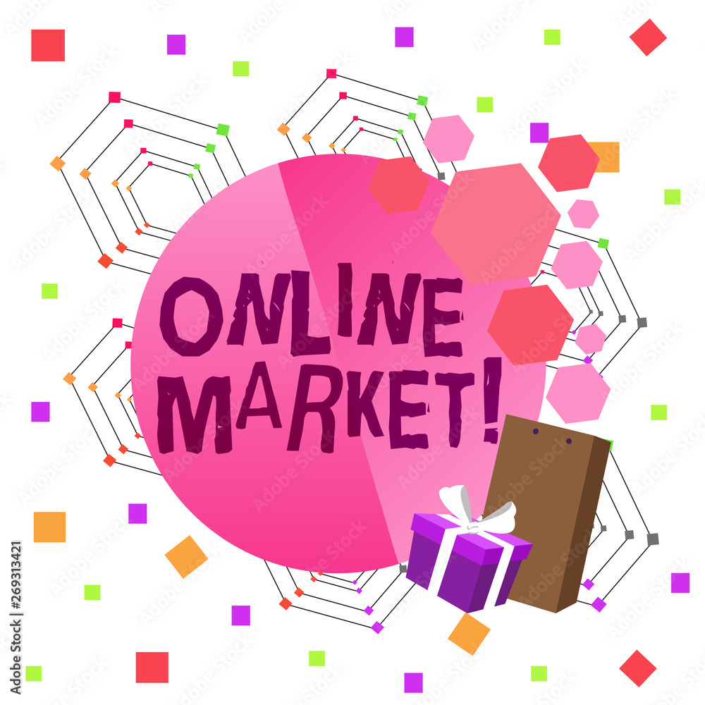 Conceptual hand writing showing Online Market. Concept meaning practice of leveraging webbased channels to sell a product Greeting Card Poster Gift Package Box Decorated by Bowknot Conceptual hand writing showing Online Market. Concept meaning practice of leveraging webbased channels to sell a product Greeting Card Poster Gift Package Box Decorated by Bowknot