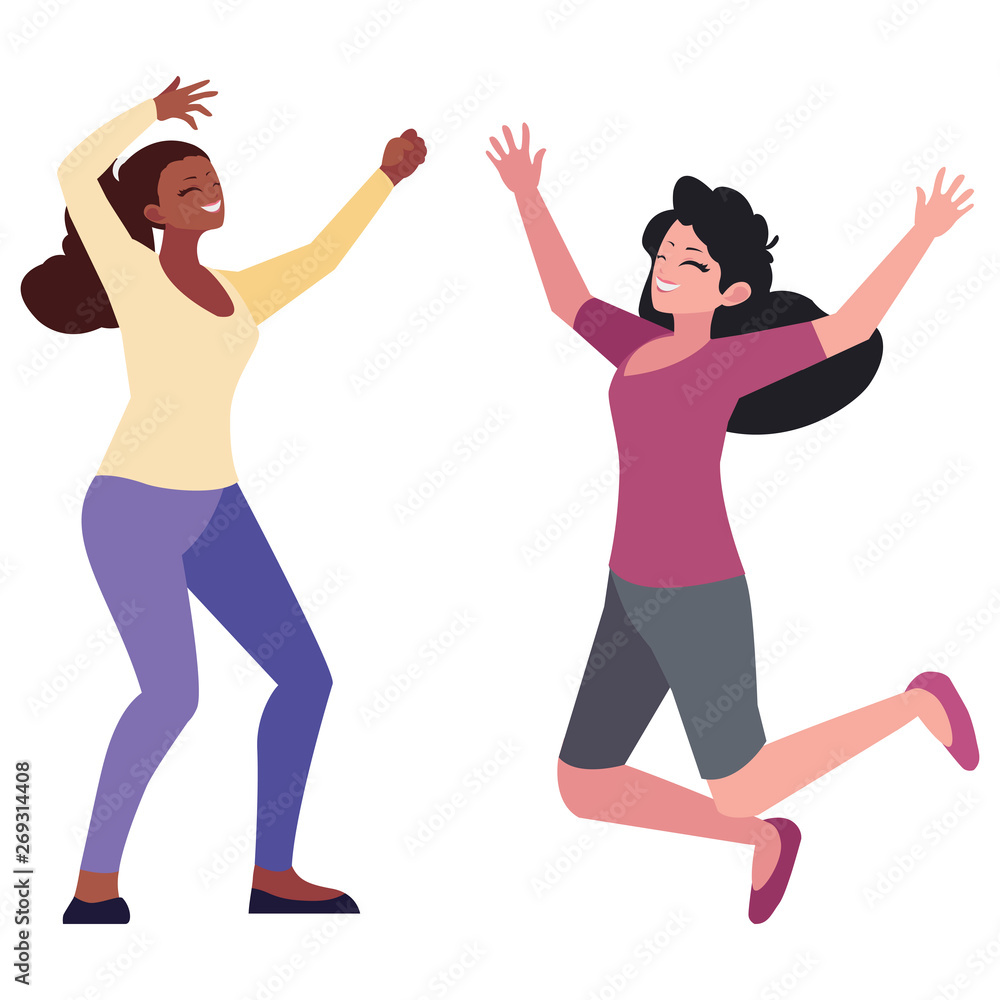 happy young interracial women celebrating