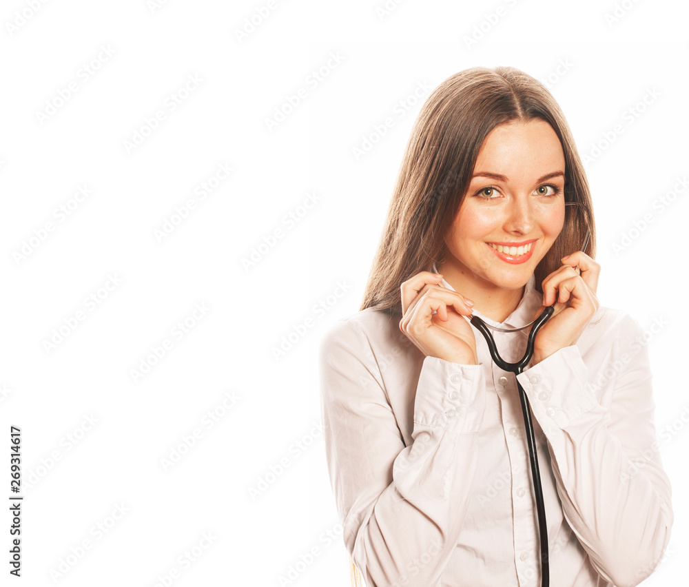 young pretty woman doctor with stethoscope on white background young pretty woman doctor with stethoscope on white background