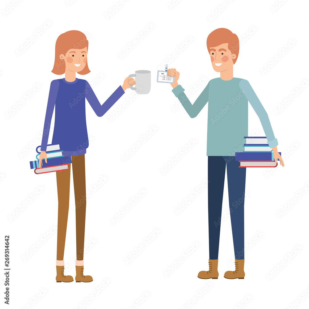 couple with office objects in white background