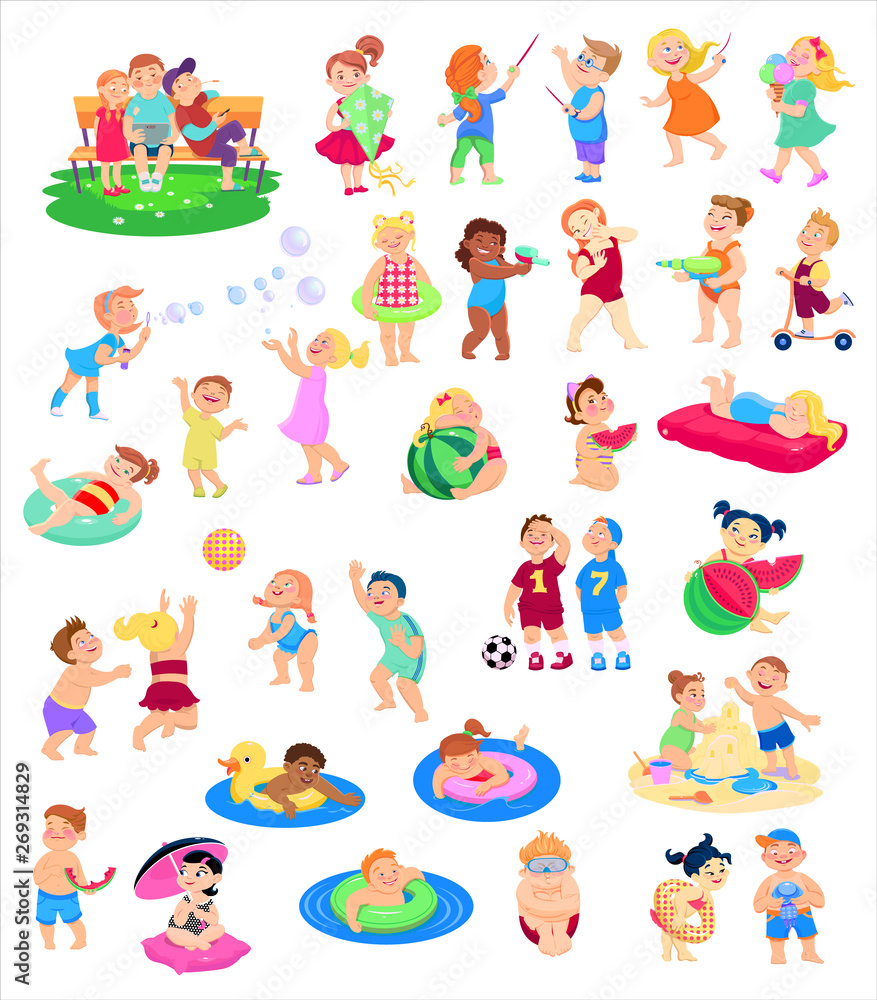 cartoon collection of children's characters, summer holidays