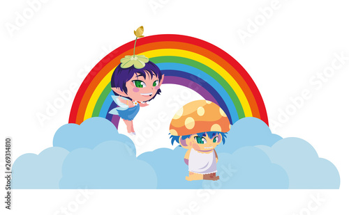 beautiful magic fairy and fungu elf with rainbow scene