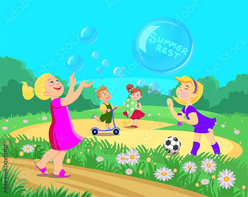 cartoon children characters play in the park, summer vacation