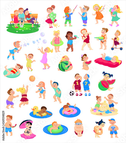 cartoon collection of children's characters, summer holidays