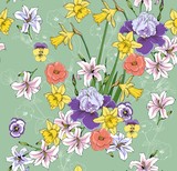 Floral pattern with daffodils and irises. Vector seamless. design for fabric.