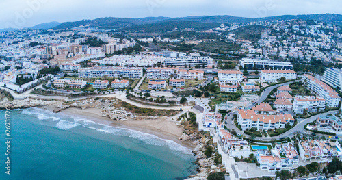 Aerial view in Port of Sitges, coastal village of Barcelona. Spain. Drone Photo