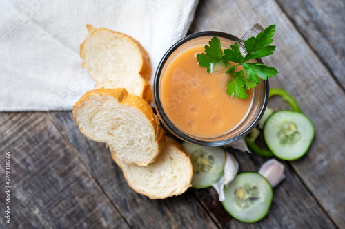 Spanish tomato gazpacho soup with garlic, bread and green pepper