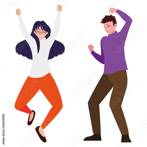 happy young couple celebrating characters