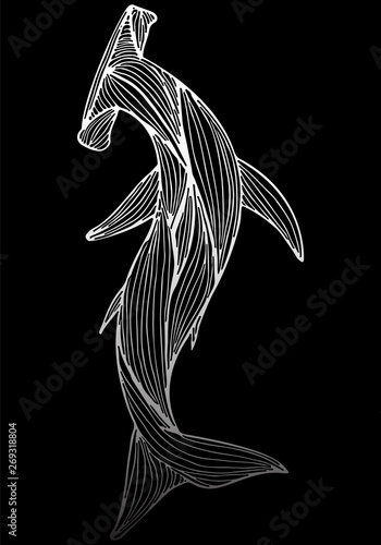 Abstract hand drawn giant hammer shark isolated on black background. Vector illustration. Outline. Line art. Top view