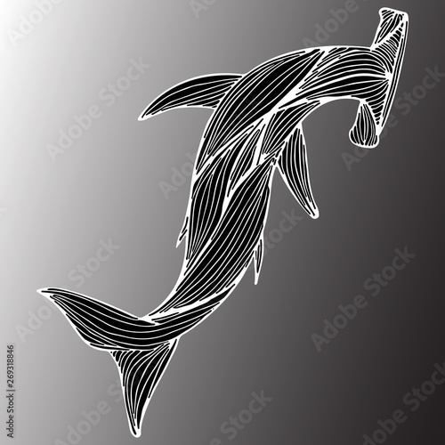 Abstract hand drawn giant hammer shark isolated on gray background. Vector illustration. Outline. Line art. Top view