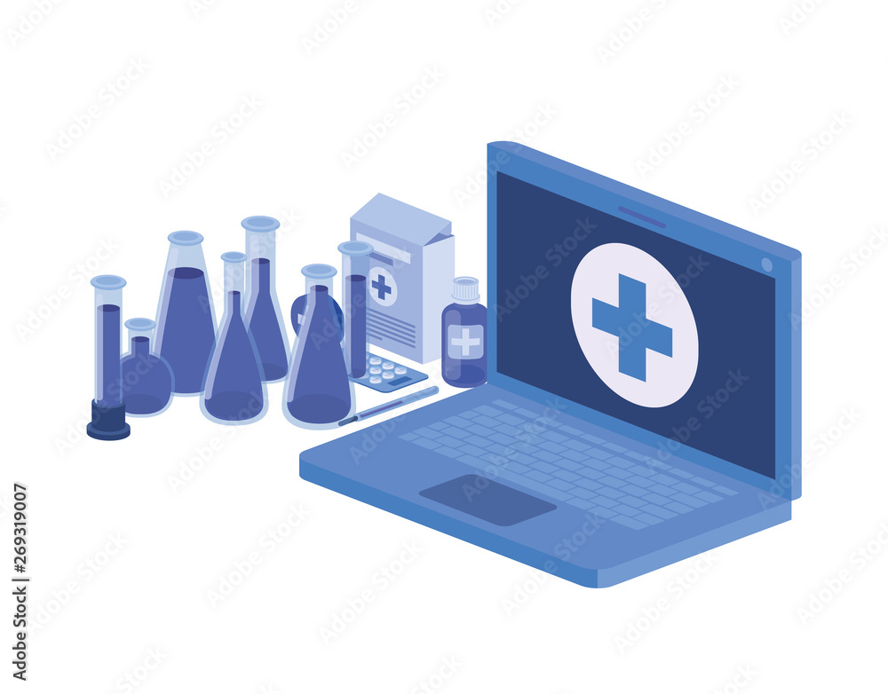 laptop and laboratory instruments isolated icon laptop and laboratory instruments isolated icon