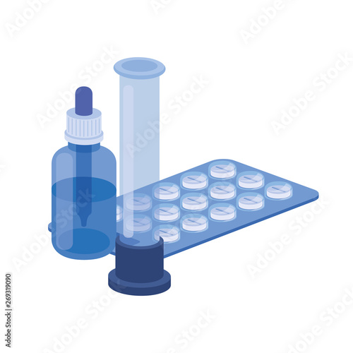 laboratory instruments with medicines in white background