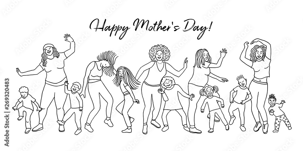 Happy Mother's Day! Hand drawn group of mothers and their children, dancing happily together for mother's day Happy Mother's Day! Hand drawn group of mothers and their children, dancing happily together for mother's day