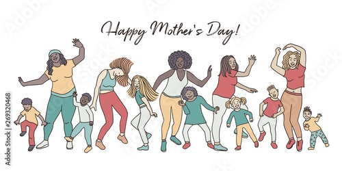 Happy Mother's Day! Hand drawn group of mothers and their children, dancing happily together for mother's day