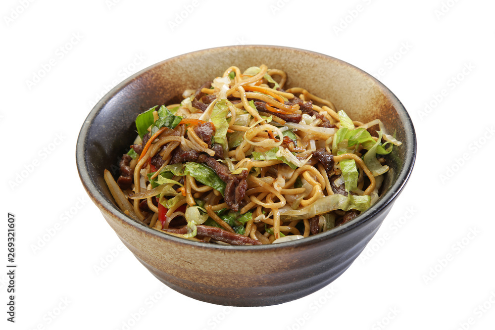 pork beef noodle asian style white background isolated