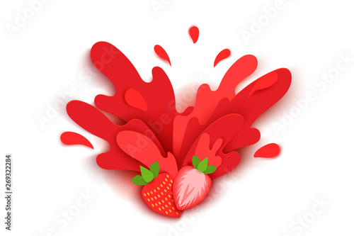 strawberry juice splashes and drops in a paper cut style. strawberry slices and paper slices. soft shadows and rich bright colors. stock vector illustration.