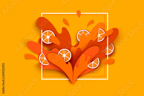 orange juice splashes and drops in a paper cut style. orange slices and paper slices. soft shadows and rich bright colors. stock vector illustration.