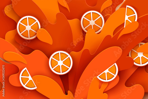 orange juice splashes and drops in a paper cut style. orange slices and paper slices. soft shadows and rich bright colors. stock vector illustration.