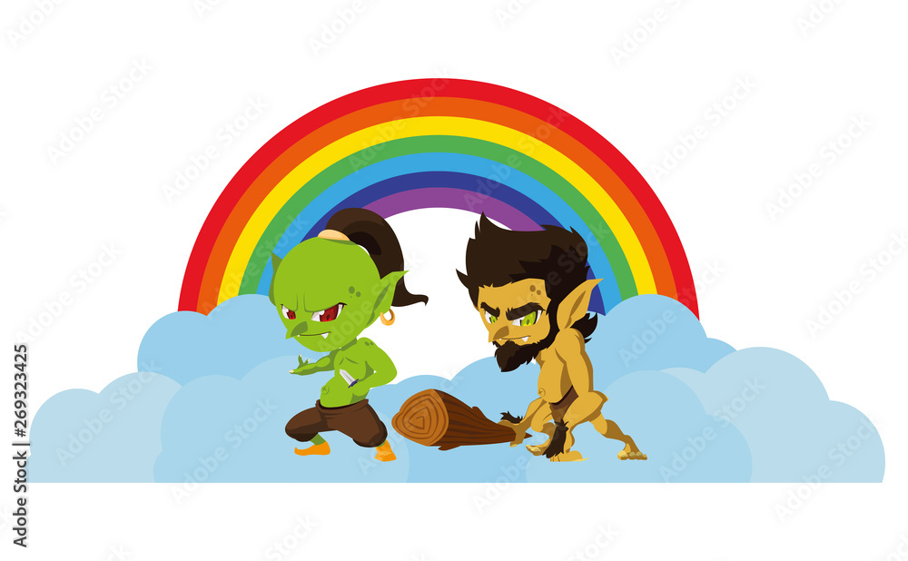 Fototapeta premium ugly troll with caveman gnome and rainbow