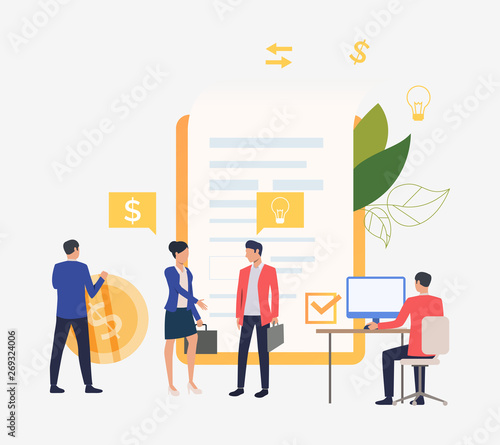 Business people working on computer and concluding contract. Internet, partnership, smart contract concept. Vector illustration can be used for topics like business, technology, management