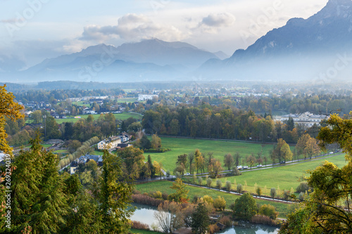 View on Salzburg and mountain Untersberg from mountain Monchsberg. Austria © Elena Odareeva