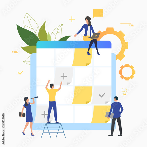 Business people working with task board and planning. Agenda, scheduling, teamwork concept. Vector illustration can be used for topics like business, management, planning