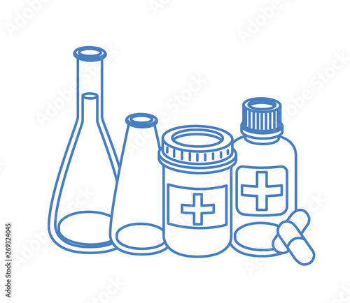 laboratory instruments with medicines in white background